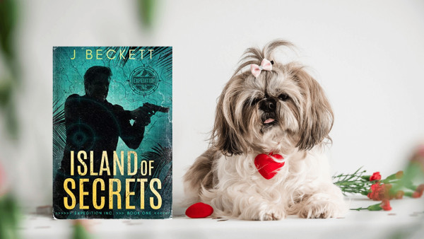 On the left the cover of ‘Island of Secrets’. It is green with a man in silhouette holding a pistol. The title text is yellow. Next to the cover, a tiny dog with a bow in its hair and a heart on its collar. 