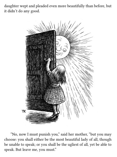Part of a page from the Norwegian folktale, "The Virgin Mary as Godmother," which includes Theodor Kittelsen's illustration of a small girl opening a door and letting the sun out.