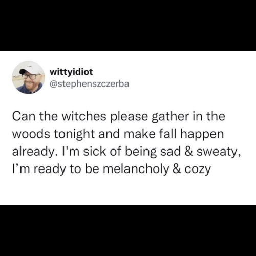 "Can the witches please gather in the woods tonight and make fall happen already. I'm sick of being sad & sweaty, I'm ready to be melancholy & cozy."