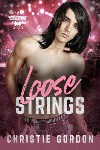 Cover - Loose Strings by Christie Gordon - a slender young shirtless white man with ling straight black hair and blue eyes, pink concert crowd in the background