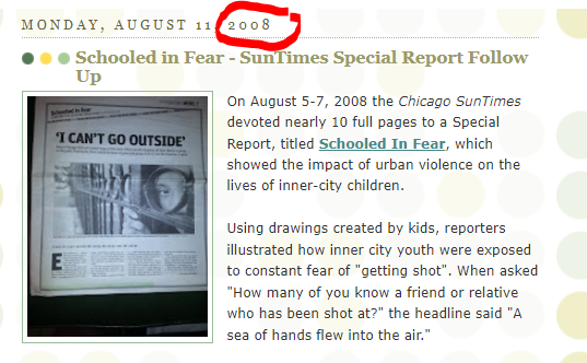 This is 2008 Tutor/Mentor blog article titled "Schooled in Fear - SunTimes Special Report Follow up."  The graphic is from the SunTimes story, with a titled of "I Can't Go Outside"