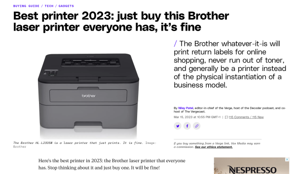 Best printer 2023: just buy this Brother laser printer everyone has, it’s fine

The Brother whatever-it-is will print return labels for online shopping, never run out of toner, and generally be a printer instead of the physical instantiation of a business model.

The Brother HL-L2305W is a laser printer that just prints. It is fine. Image: Brother
