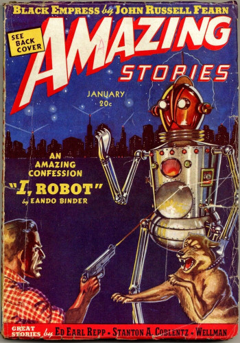 Amazing Stories pulp from January, 1939.

Robot Adam Link is being shot at by a man while a dog Adam is holding by the collar snarls and is ready to pounce.

AN AMAZING CONFESSION 
            “I, ROBOT”
        by Eando Binder