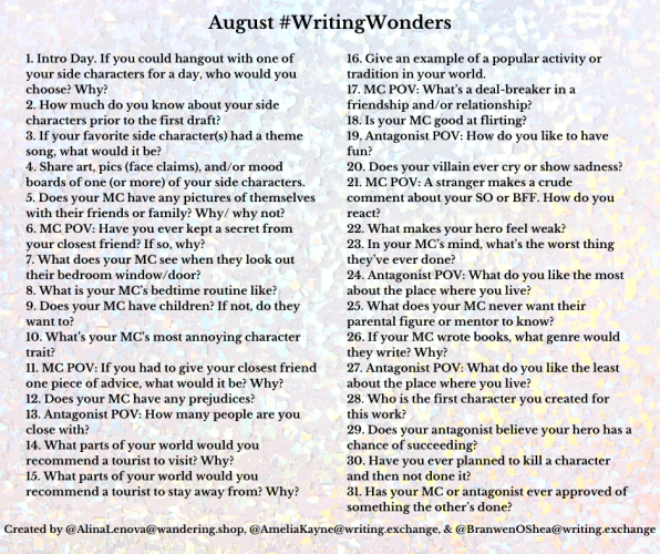 Daily prompts for the #WritingWonders game. They won’t all fit here, so if you need a text version, please contact me.