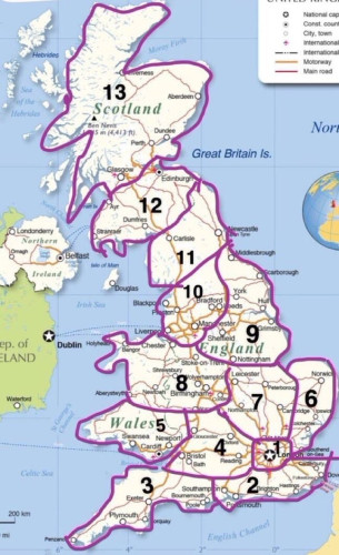 Map of GreatBritain (© Nations Online Project)
separated in 13 arreas. 1 is London … 13 is Scotland

