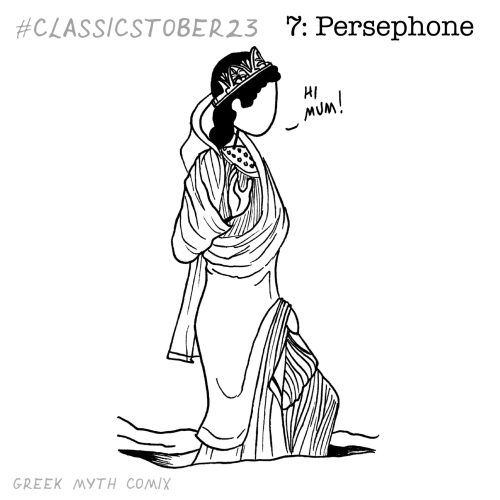 A lineart drawing of Persephone coming out of the underworld. She raises a hand to say ‘hi mum’. By Greek Myth Comix, after the Persephone painter.