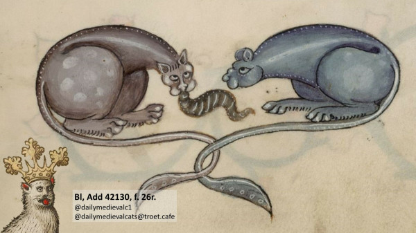 Picture from a medieval manuscript: Two catlike creatures, one of them eating