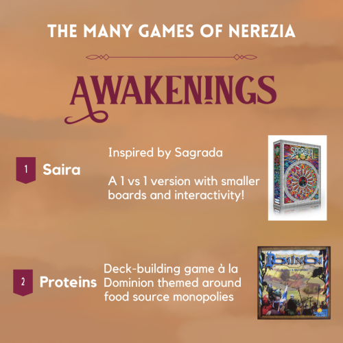 The Many Games of Nerezia. Awakenings has two. 1) Saira, which was inspired by Sagrada and is a 1 vs 1 version with a smaller board and interactivity. 2) Proteins, a deck-building game à la Dominion, themed around food source monopolies.
