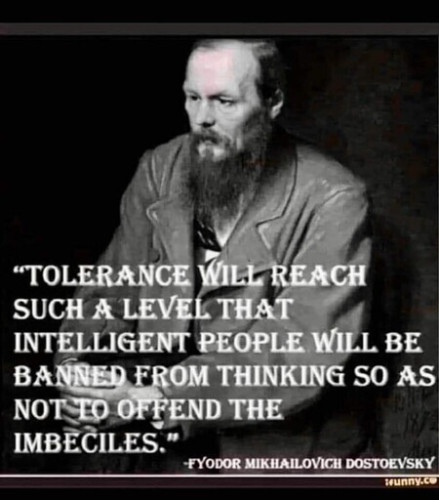Tolerance will reach such a level that intelligent people will be banned form thinking so as not offend the imbeciles.

-Fyodor Dostoevsky 