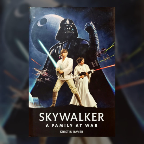 A photo of the hardcover edition of "Skywalker – A family at war" by Kristin Baver.

The photo is super-imposed on a blurred and darkened square crop of its cover illustration.

Description: Luke Skywalker and Princess Leia Organa in the foreground, defiantly ready for action, with lightsaber and blaster, respectively. Behind them towers an imposing Darth Vader with clenched fist raised. Left of our heroes are 3 X-wing Fighter spaceships in flight. To the right are 2 TIE Fighters led by Vader's TIE Interceptor. In the bottom left corner is a hint of Luke's childhood home on Tatooine. Behind all of this is a starfield with the planet-destroying Death Star space weapon looming overhead like a full moon.