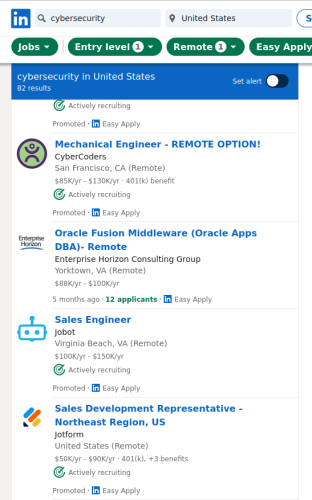 A screenshot of a linkedin search for cybersecurity with absolute nonsense results like "mechanical engineer".