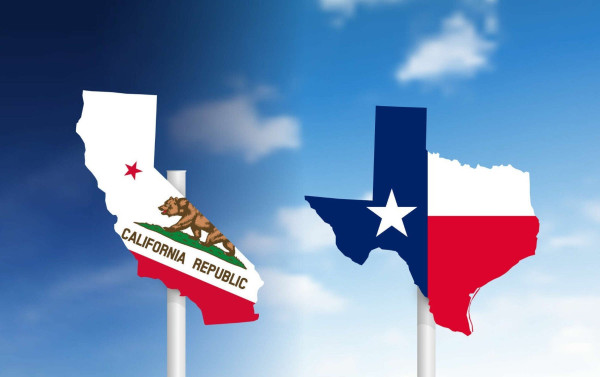 A graphic of California and Texas next to eachother with each state's flag.