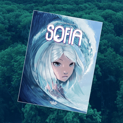 The cover of the first volume of the comic Sofia by Davide Tosello digitally pasted on a forest background. The cover shows the head of a girl with a large wave swirling around her head.