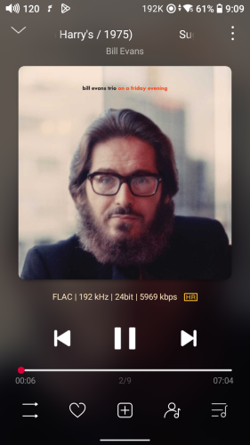 Screenshot of FiiO HiRes audio play with album cover for On A Friday Evening. Just a picture of Bill Evans, face-fronting, with combed back hair and fairly bushy beard, but still somehow not unkempt. He is wearing glasses and a black shirt or sweater. 
