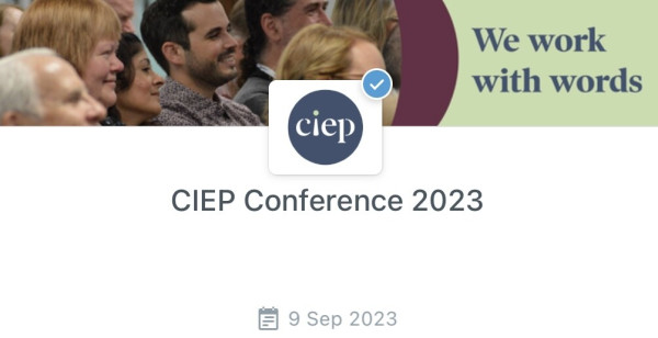 Screenshot of header image from the CIEP conference app, featuring a photo of smiling conference-goers and the text:
We work with words
[сіер logo]
CIEP Conference 2023
9 Sep 2023