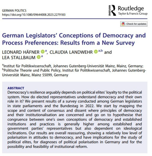 ABSTRACT
Democracy’s resilience arguably depends on political elites’ loyalty to the political system. How do elected representatives understand democracy and their own role in it? We present results of a survey conducted among German legislators in state parliaments and the Bundestag in 2022. We start by mapping the scope and content of consensus and dissent where principles of democracy and their institutionalisation are concerned and go on to hypothesise that congruence between one’s own conceptions of democracy and established institutions and practices is generally higher among established and government parties’ representatives but also dependent on ideological inclinations. Our results are overall reassuring, showing a relatively low level of polarisation in attitudes to democracy, and have implications for the study of political elites, for diagnoses of political polarisation in Germany and for the possibility and feasibility of institutional reform.