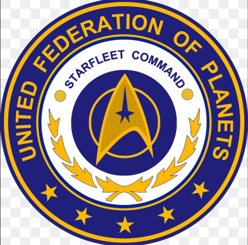 United Federation of Planets Starfleet Command. A white, navy, and gold seal with stars, a loral of leaves, and the parabolic triangle of Star Trek communication badges in the middle.