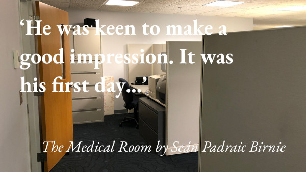 An office cubicle, with a quote from Seán Padraic Birnie's short story The Medical Room: 'He was keen to make a good impression. It was his first day…'