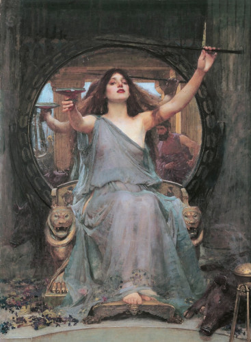Art depicting Circe sitting on a throne with wand and cup held high.