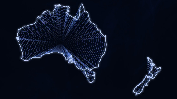 A glowing, neon outline of Australia and New Zealand, set against a dark background. Both countries are enhanced with a warp effect, via stacked layers that get ever smaller