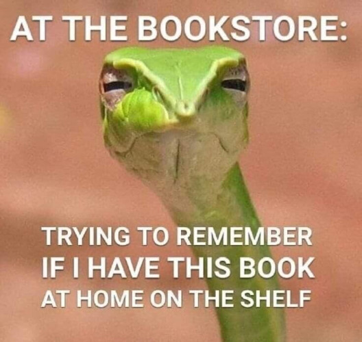 Meme of a judgy looking green snake looking directly at you with the text: 
At the bookstore
Trying to remember if I have this book at home on the shelf