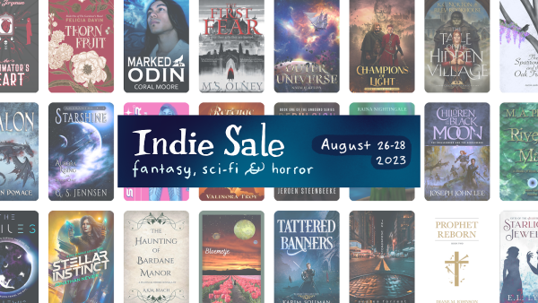 a grid of book covers with the text "Indie Sale: fantasy, sci-fi & horror, August 26-28, 2023"