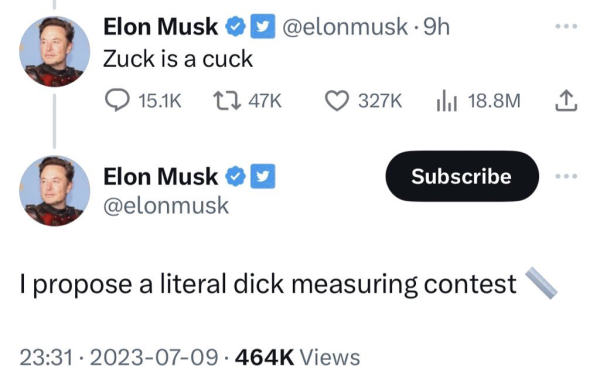 Elon Musk tweeting he should have a “literal dick measuring contest” with Mark Zuckerberg.