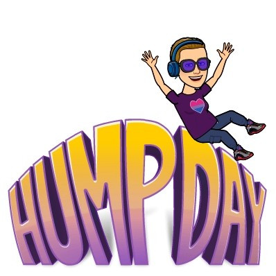 My bitmoji sliding off the word humpday. The word is in yellow and purple. My bitmoji has short dark blonde hair, purple glasses a d blue headphones. They're wearing a purple shirt with a heart in the bisexuality colors on it. Blue pants and black sneakers. My bitmoji's hands are in the air and they're smiling.