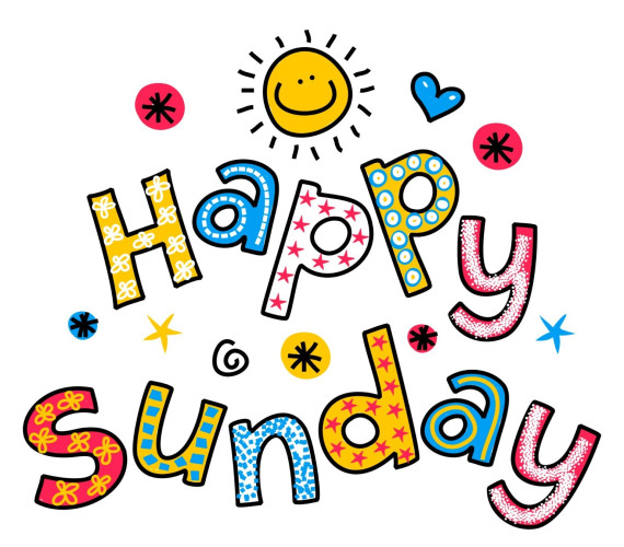 An image that says Happy Sunday and each letter has a different pattern and the letters are either yellow, blue, white or red. There's a smiling sun above the words as well as a heart and a couple of stars and asterisks.