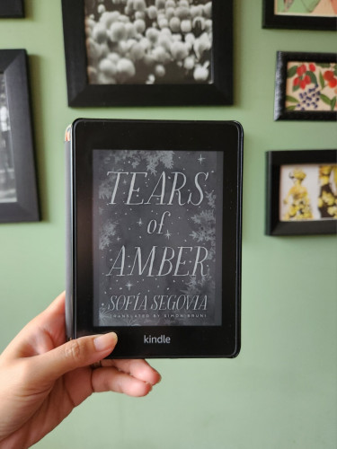 A hand holding a Kindle showing the cover of Sofia Segovia's Tears of Amber. In the background is a gallery wall of various prints in black frames.