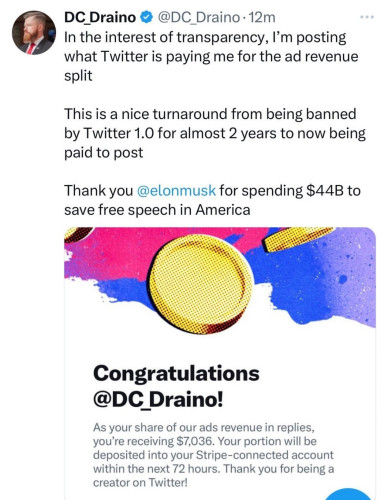 Screenshot of DC_Draino's tweet thanking Twitter for paying him ad revenue through Stripe.