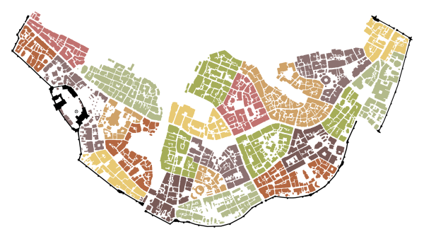 A version of the Hammondal map with individual buildings removed, and only whole blocks of buildings showing. Color coding indicates the extents of the neighborhoods.