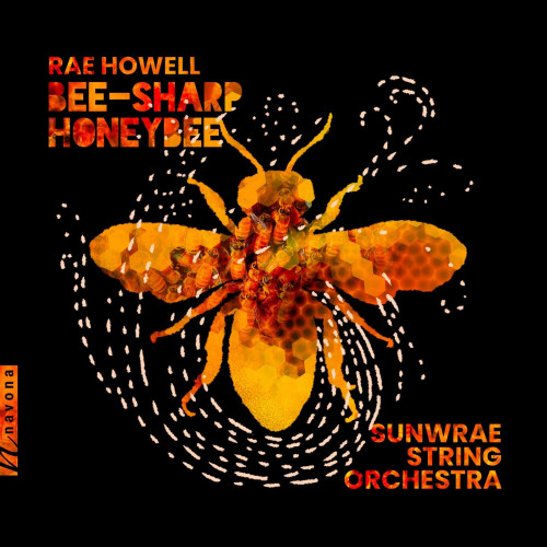 Cover of Rae Howell’s Navona Records album “Bee-Sharp Honeybee”, featuring a painting of a honeybee in oranges and reds on a black background, with a cross section of a beehive superimposed on the bee.
