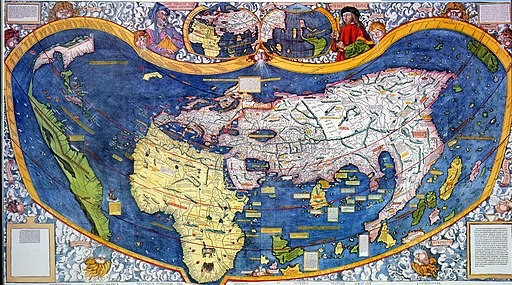 Martin Waldseemüller's world map, including inset maps of Ptolemy's Old World and Amerigo Vespucci's account of the New World. 1507