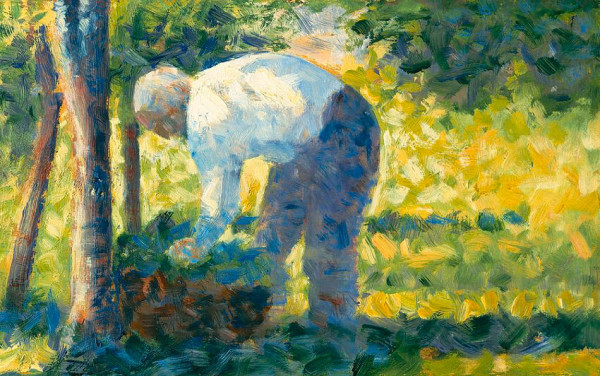 Scene of an older man bending over a basket of plants or produce in a garden.