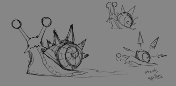 Drawing of a snail enemy with spikes adorning its shell. Smaller sketches to the side depicting it ejecting the spikes like projectiles