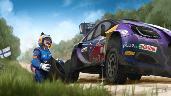 An illustration of a rally racing scene. In it, a Ford Puma Rally1 is parked by the side of the road, on a jack, with one wheel off as a punctured tire is being replaced. Halo's character is holding a wheel in his hand, working on the tire change. The background shows a green forest and a gravel road with elements implying that the location is based on Rally Finland.