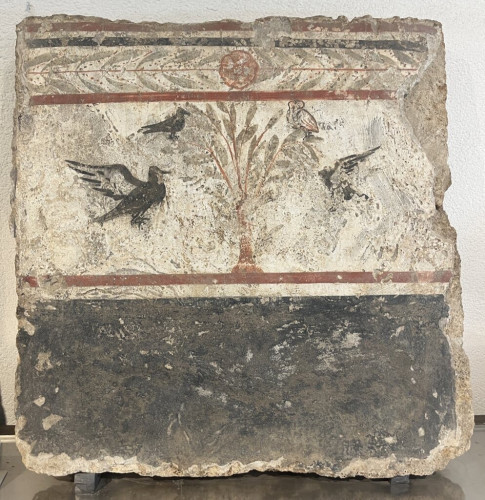 A fresco fragment with a motif of laurel leaves with a rosette at the top; four different birds (including an owl) either in or approaching a laurel tree; the lower register is black.