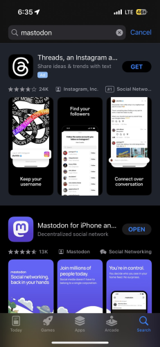 Screenshot of the App Store, searching for “mastodon” with an ad for Threads at the top