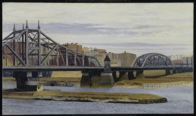 realistic painting of Macombs Dam Bridge-spanning the East River of NYC.  The painting includes two spans of the bridge--a smaller rounded one and a larger somewhat triangular in shape.  Both are painted white.  The undefined city is in the background.  The focus of the painting is the larger span which rests on an island in the middle of the river. 