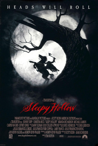 The poster for "Sleepy Hollow". The headless horseman rears back on his horse beneath a twisted tree. The poster is black and white, other than the title in red at the bottom