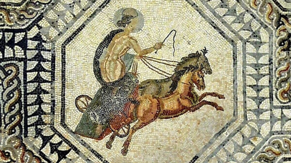 Detail of a mosaic depicting a nude Selene in her moon chariot, personifying Monday. She is crowned with the lunar disk and holds the reins to her team of two horses in her left hand and a riding crop in her right.
