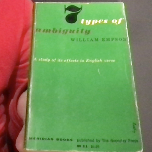 Paperback (1955) edition of William Empson's 7 Types of Ambiguity: bright green cover with title in italicized serif font (black, white, and brown-red)—and indication at the bottom that the copy cost $1.25, and was published by Meridian Books/The Noonday Press. Just slightly bigger than my smallish hand!