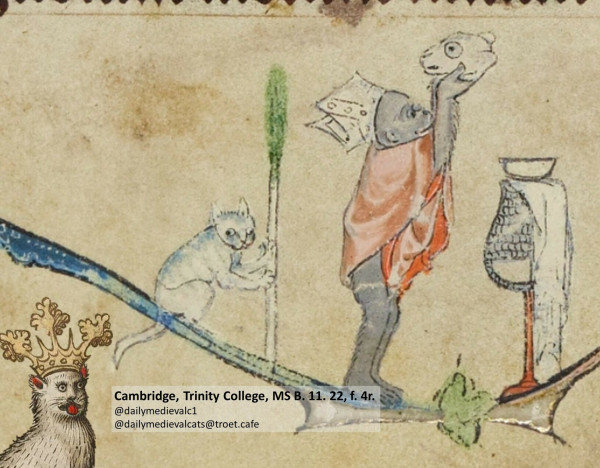 Picture from a medieval manuscript: A cat is helping a monkey priest