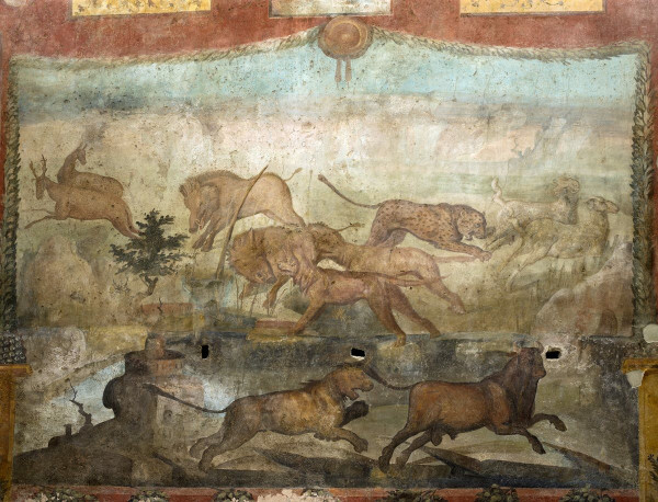 An outdoor scene packed with animals. Lions and a leopard are depicted chasing a bull, antelope (?), and potentially a goat as well.