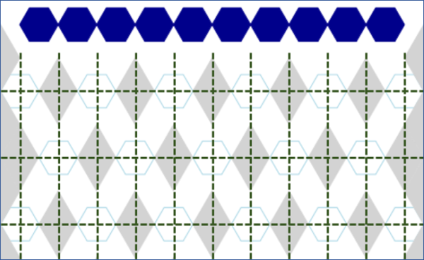 Concept of a HexaFour game board with blue hexagons on top and a grid of rows and columns