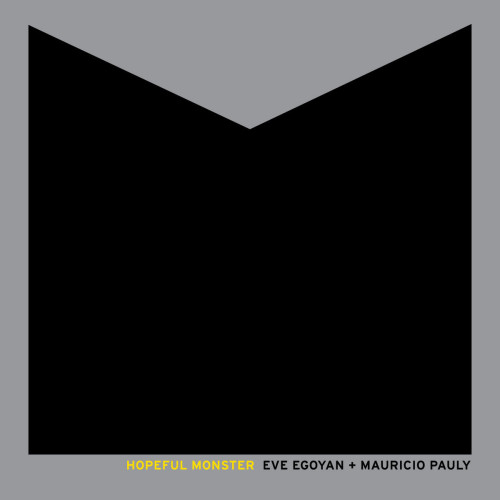 Cover of Eve Egoyan & Mauricio Pauly’s No Hay Discos album “Hopeful Monster”, featuring a graphic of a black square on a grey background with a V cut out of the top, so it looks like an open book, seen from the cover.