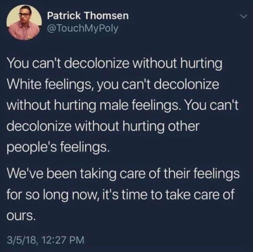 A tweet from @TouchMyPoly:
You can't decolonize without hurting White feelings, you can't decolonize without hurting male feelings. You can't decolonize without hurting other people's feelings.

We've been taking care of their feelings for so long now, it's time to take care of ours.