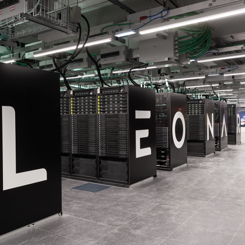A picture of the supercomputer Leonardo, located at Cineca, in Italy. On the most external side of the supercomputer, the letters L E O N A R D compose the word Leonardo.