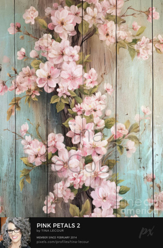 This is part two of some pretty pink blossom flowers on a teal and gray wooden background